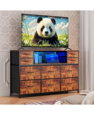 10 Fabric Drawers Dresser with LED Lights, Entertainment Center with Charging Station, Wood Top, Open Shelves, TV Stand for 40"-55" TV