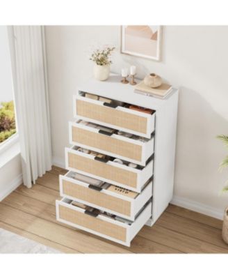 5 Drawer Rattan Dresser for Bedroom, Integrated Cabinet Body & Legs Design Entryways and Closet, Easy Assembly
