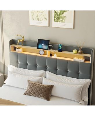 Full Size Bed Frame with 2 Storage Drawers, Upholstered Bed Frame Full with LED Light, Double-Layer Bedside Headboard with Charging Socket