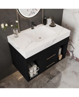 29.9" Floating Bathroom Vanity with Ceramic Sink, Sintered Stone Top, 2 Soft Close Drawers, Wall Mounted for Small Bathrooms