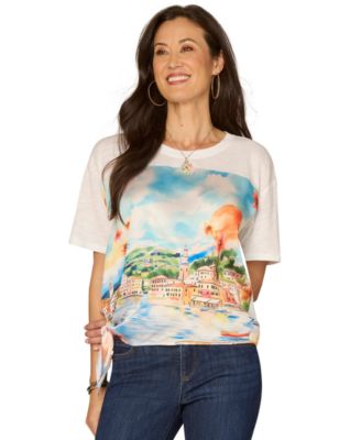 Petite Elbow-Sleeve Crewneck Printed Top