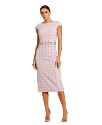 Women's Hand Embellished High Neck Cap Sleeve Midi Dress