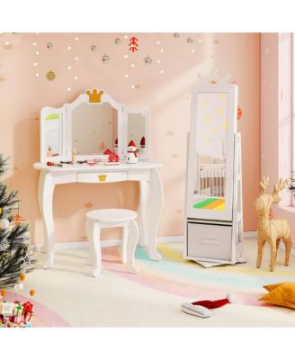 Kids Vanity Set Princess Makeup Dressing Table & Chair Set with Jewelry Armoire