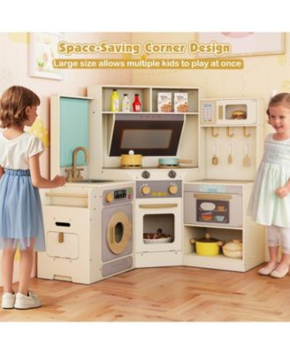 Corner Kitchen Toys with Lights & Sounds, Pull-Out Trash Can & Stove for Kids