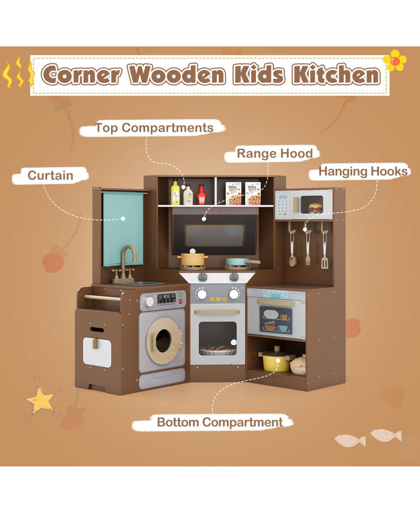 Детская игрушка Mecale Corner Wooden Play Kitchen with Lights & Sounds, Ages 3+, цвет: Коричневый — фото 7