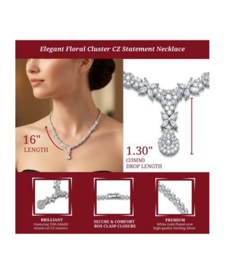 Elegant White Gold Plated Floral Cluster CZ Statement Necklace