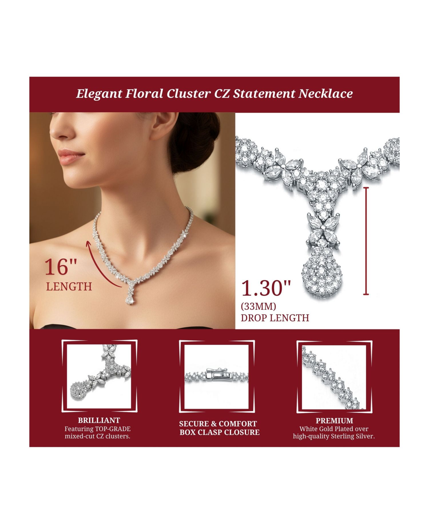 Elegant White Gold Plated Floral Cluster CZ Statement Necklace