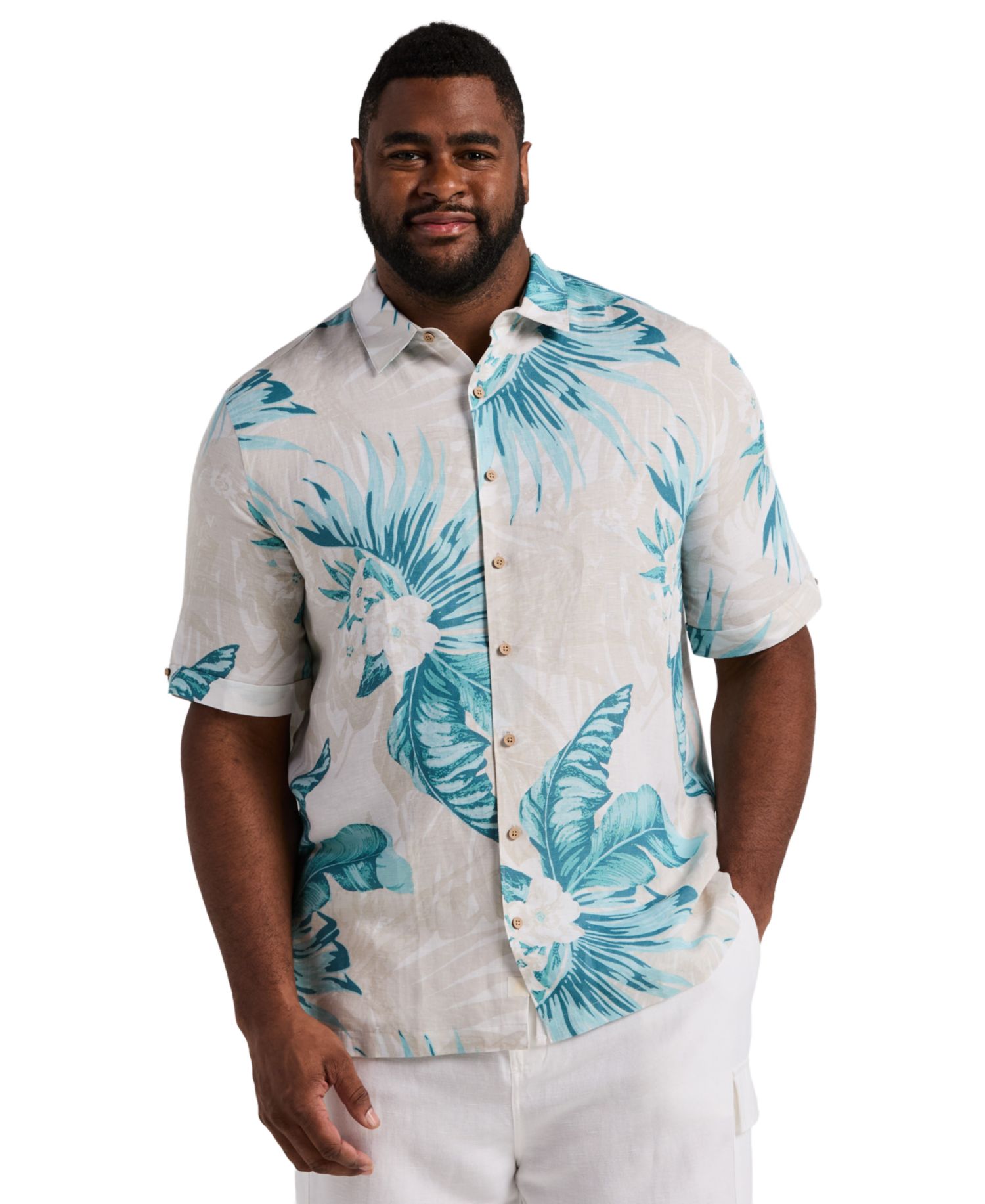 Men's Big & Tall Linen Blend Palm Print Shirt
