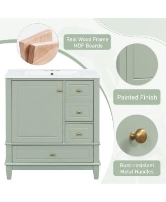 30'' Bathroom Vanity with Ceramic Sink, Solid Wood & MDF, Multi-Drawer Storage & Soft Close Door for Modern Bathrooms