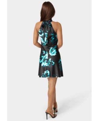 Women's Printed Satin Mock Neck Dress with Bow Back