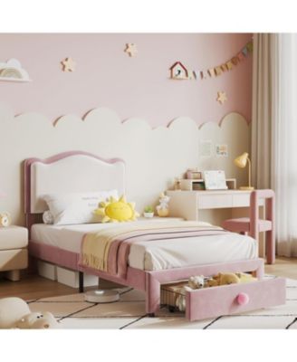 Upholstered Twin Bed Frame with Storage Drawer & Scallop Headboard, Princess Twin Size Platform Bed Frames