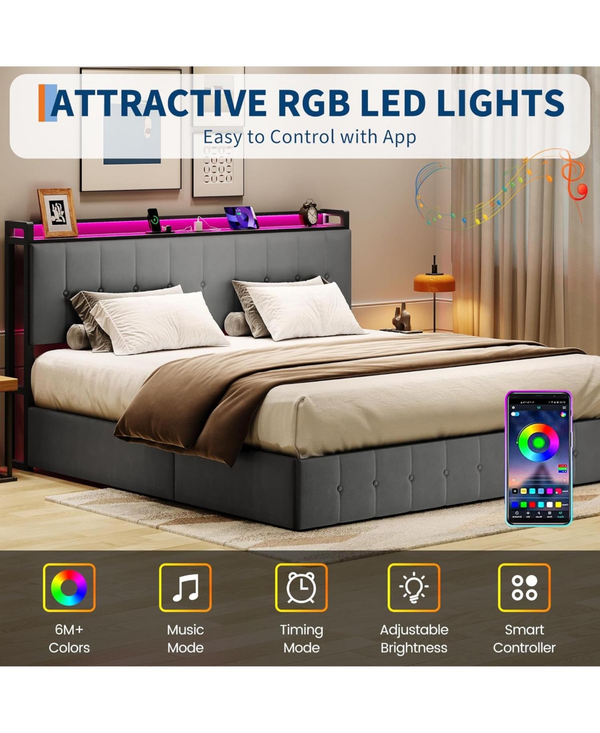 gaomon Bed Frame with Lift Up Storage, Upholstered Velvet Led Lights & Power Outlets, Hydraulic Support