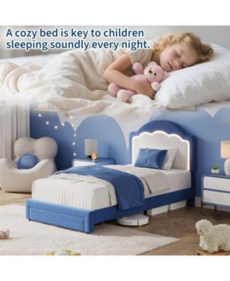 Bed Frame with Adjustable Headboard, Sherpa Fleece Upholstered Platform Bed Frame with LED Lights, 750 LB Capacity, Wooden Slats Support