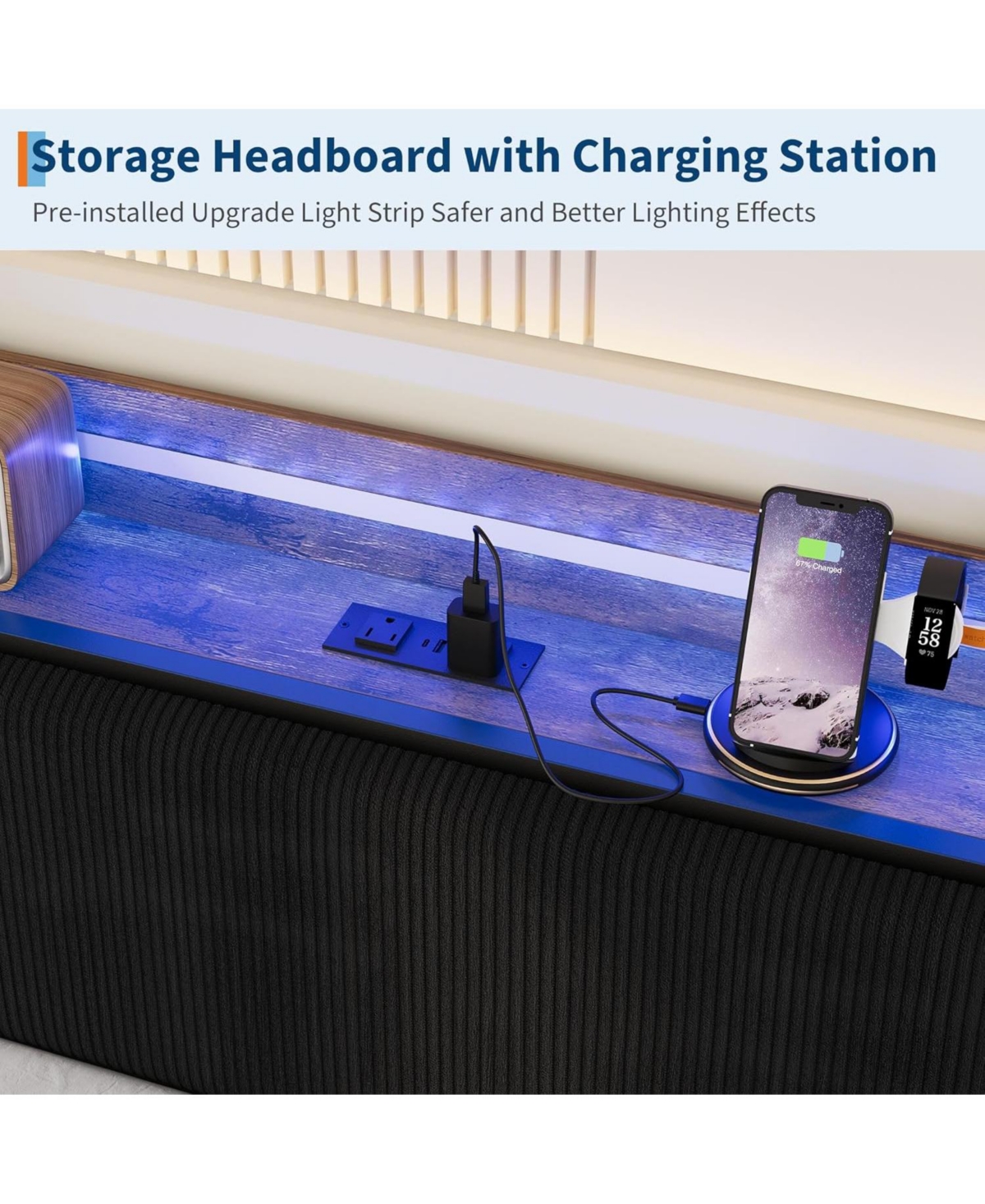 gaomon Daybed with Trundle and Led Light, Sturdy Metal Twin Bed Frame Corduroy Upholstered Headboard Charging Station, for Living Room