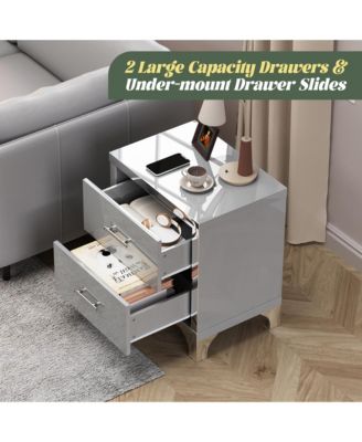 High Gloss Mirrored Nightstand, Modern Wood End Table with 2 Drawers and Metal Handle, Bedside End Table for Bedroom, Living Room