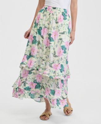 Women's Tiered Chiffon Pull-On Floral Maxi Skirt