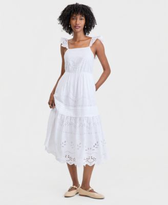 Women's Cotton Poplin Eyelet Pintucked Midi Dress