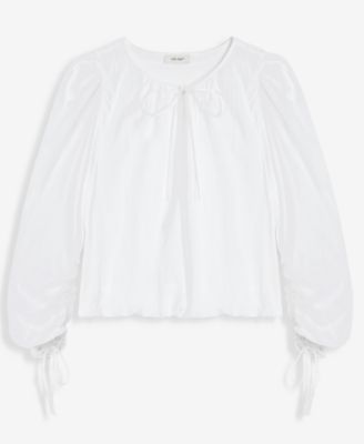 Women's Cotton Solid Tie-Front Volume-Sleeve Blouse