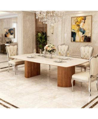 78.74" Travertine Slab Dining Table for 8-10, Travertine Slab Tabletop & Semi-Circular Stripe Base