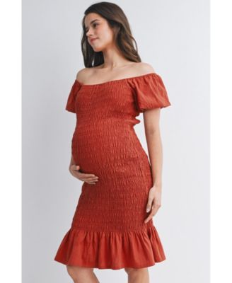 Maternity Off-the-Shoulder Smocked Bodycon Midi Dress with Ruffle Hem