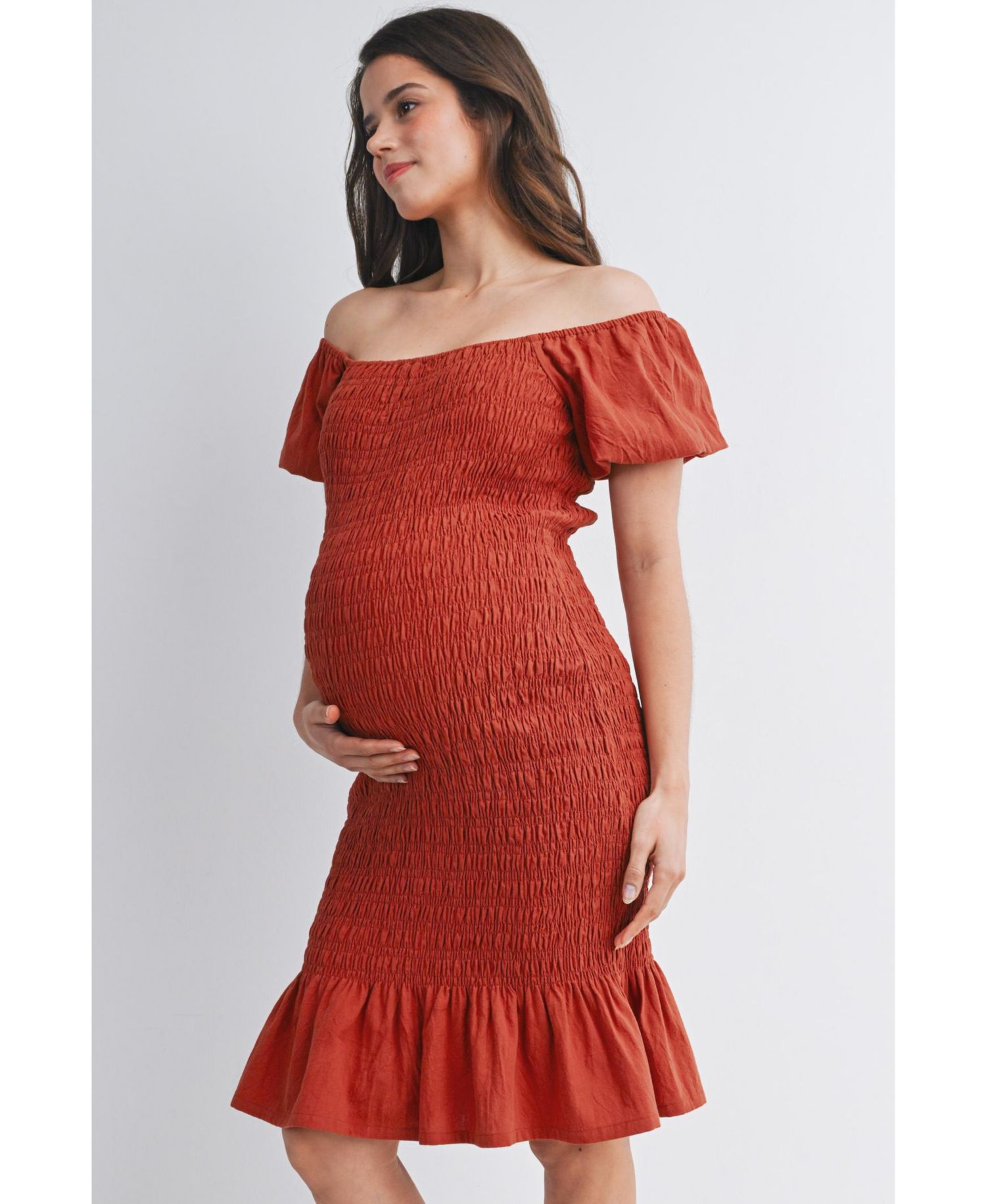 Women's Off-the-Shoulder Smocked Bodycon Midi Dress with Ruffle Hem