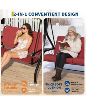 3 Seat Outdoor Porch Swing, 2-in-1 Patio Swing Chair with Thickened Removable Cushions, Adjustable Canopy   Cup Holders