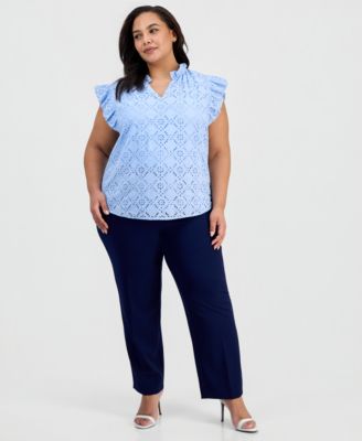 Plus Size Split-Neck Flutter-Sleeve Top