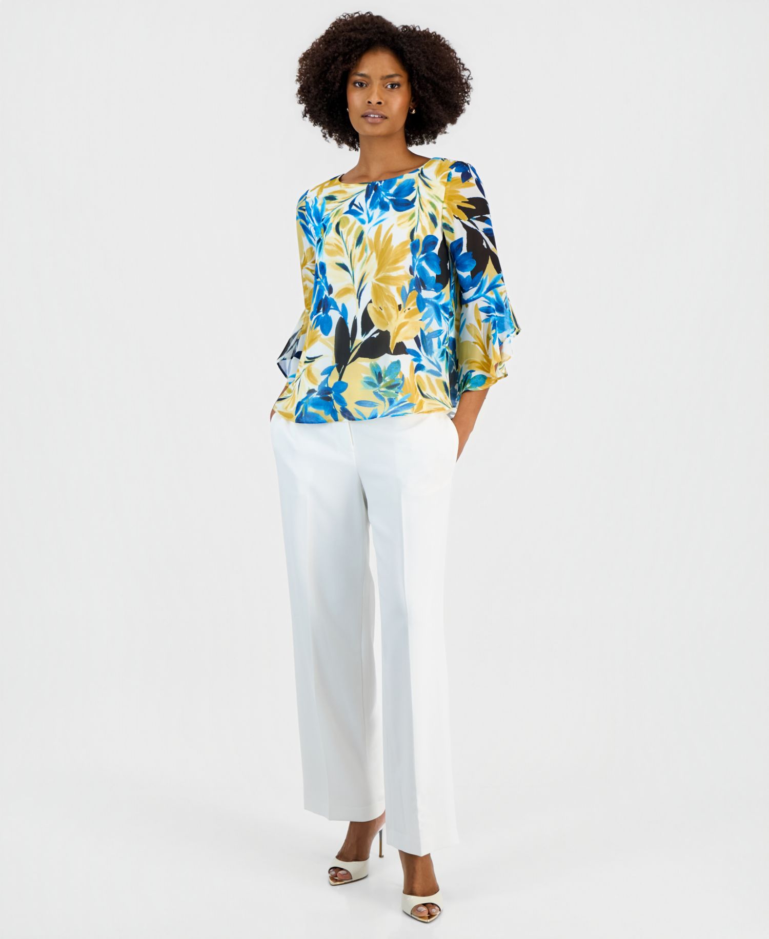 Women's 3/4 Ruffle-Sleeve Printed Boatneck Top, Regular & Petite