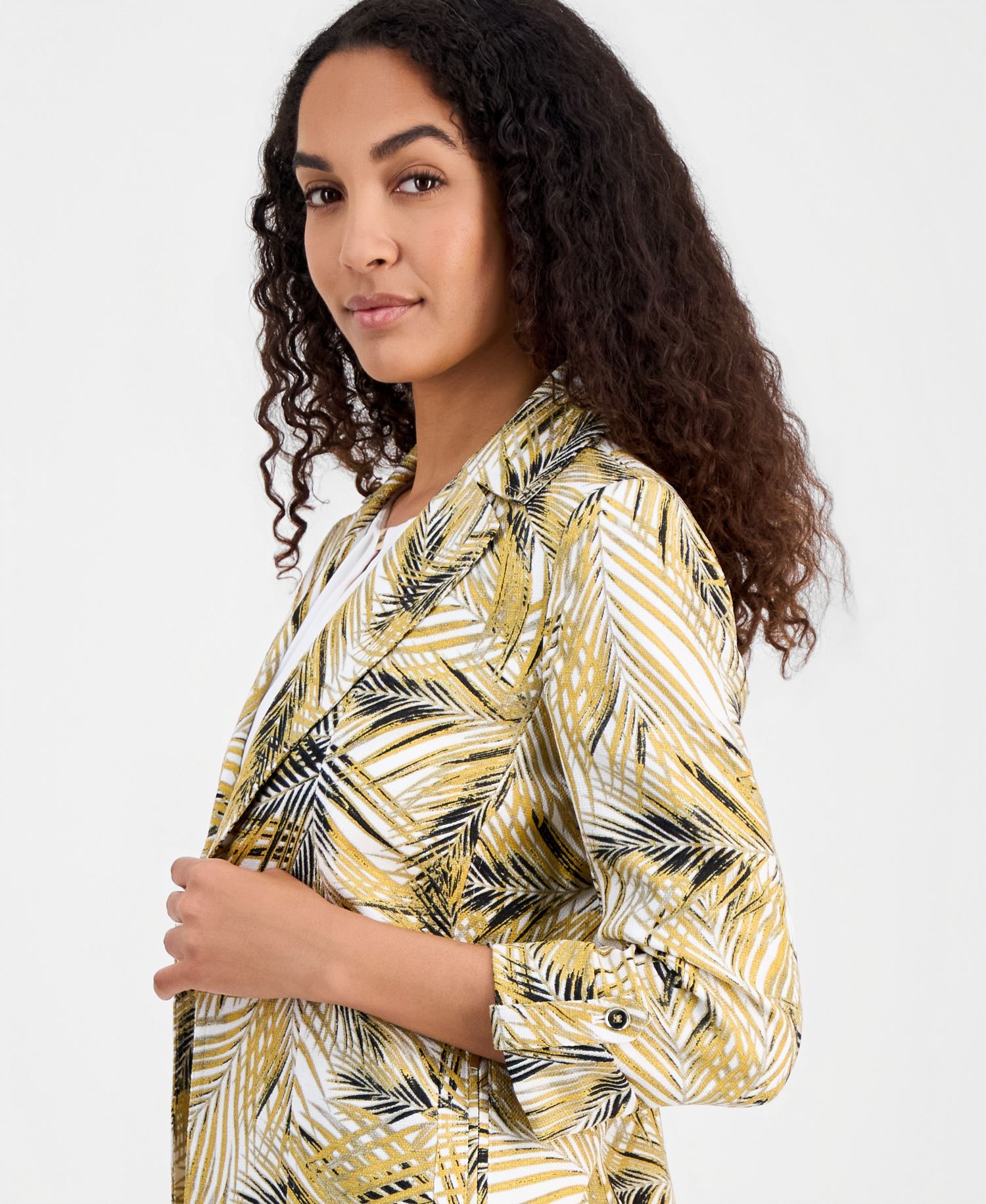 Women's 3/4-Sleeve Open-Front Palm Print Blazer, Regular & Petite