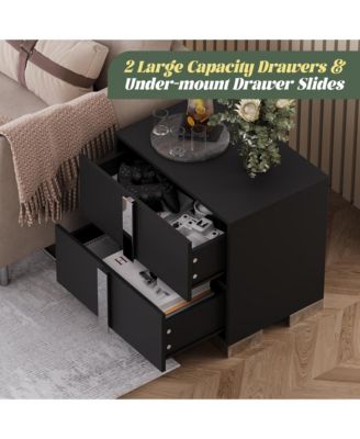 End Table - Elegant Nightstand, Wood Bedside Table with Drawers, Metal Foot and Mirrored Metal Handles for Bedroom, Living Room