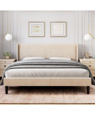 Bed Frame with Upholstered Headboard,Wooden Platform Bed Frame with 2 Storage Pockets,Vertical Channel Tufted Wingback,Strong Wooden Slats