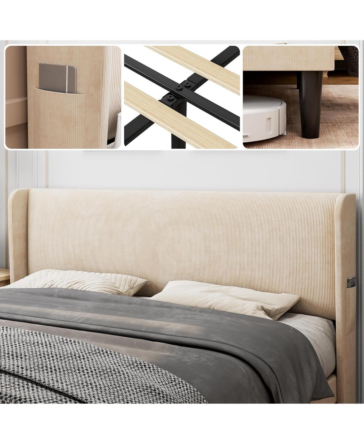 gaomon Bed Frame with Upholstered Headboard,Wooden Platform 2 Storage Pockets,Vertical Channel Tufted Wingback,Strong Wooden Slats