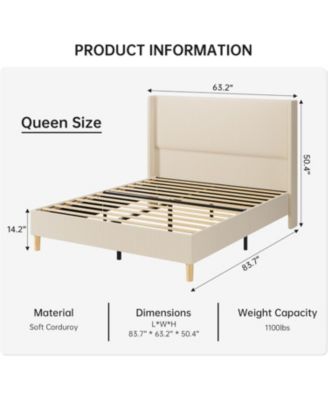 Queen Size Corduroy Upholstered Platform Bed- 51-Inch-Tall Wingback Headboard- Wooden Slats- Noise Free- No Box Spring Needed