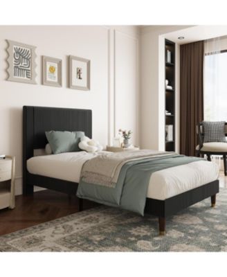 Bed Frame with Upholstered Headboard and Strong Wooden Slats Support, Soft Corduroy Fabric Platform Bed