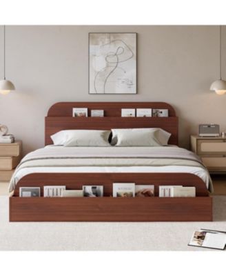Bed Frame, Wooden Beds with Storage Headboard and Raised-Foodboard, Floor Low Platform Bed for Bedroom, No Box Spring Needed