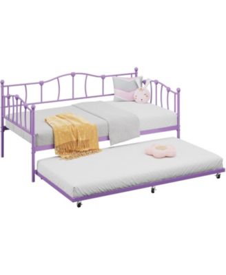 Daybed with Trundle Heart Design Noise Free Platform Sofa Bed Steel Slats Space-Saving Bedroom Purple