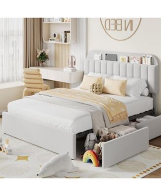 Bed Frame Storage Headboard 2 Drawers Boucle Upholstered Platform Bookcase Sturdy Noise-Free No Box Spring