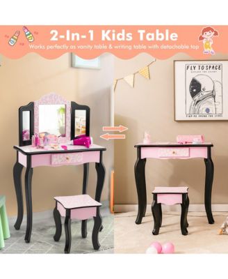 Kid Vanity Set Wooden Makeup Table Stool Tri-Folding Mirror