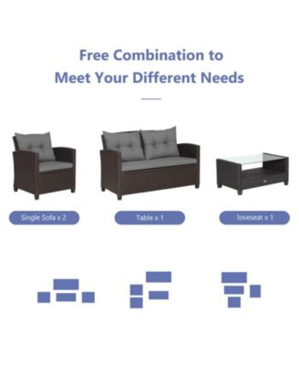 4 PCS Patio Rattan Furniture Set Glass Table Shelf Sofa Cushion