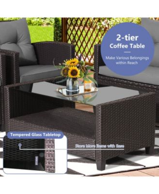 8 PCS Patio Rattan Furniture Set Glass Table Shelf Sofa Cushion