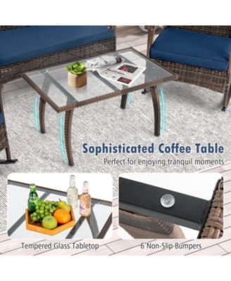 4 PCS Wicker Rocking Set with Loveseat & Coffee Table Heavy-Duty Metal Frame