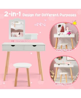 Kid Vanity Table Chair Set with Mirror Large Storage Drawers Wooden Legs