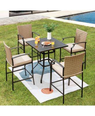 5PCS Outdoor Bistro Set Rattan Bar Stool Table Set with Cushions Steel Frame