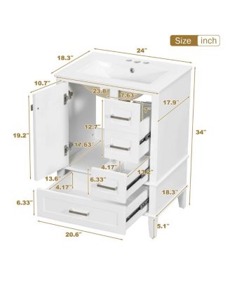 24.8" Bathroom Vanity with Ceramic Sink, Modern Freestanding Solid Wood MDF Cabinet, 3 Drawers Soft Close Door for Small Spaces