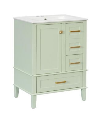 24.8" Bathroom Vanity with Ceramic Sink, Modern Freestanding Solid Wood MDF Cabinet, 3 Drawers Soft Close Door for Small Spaces