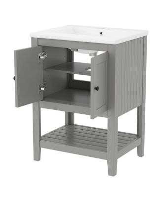 24" Bathroom Vanity with Ceramic Sink, Solid Wood Frame, Open Shelf Storage for Modern Small Spaces