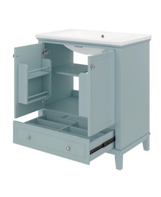 Bathroom Vanity with Ceramic Sink, Adjustable Shelf, Multi-Functional Storage, Solid Wood & MDF