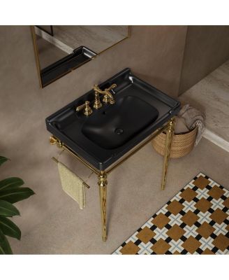 Bathroom Console Sink with Ceramic Vanity, Wall Mounted Basin & Stainless Steel Legs, Towel Bar Included