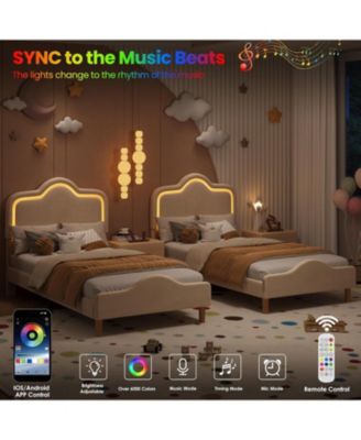 Upholstered Princess Platform Bed Frame with RGB LED Lights, Adjustable Velvet Headboard, Wooden Slat Support, No Box Spring Needed.