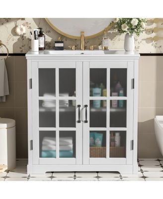 30'' Bathroom Vanity with Ceramic Sink, Tempered Glass Doors, Large Storage & Rubber Wood Frame for Modern Bathrooms